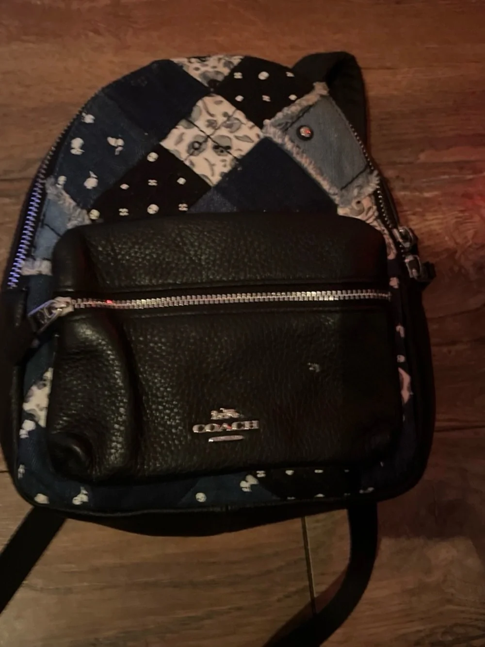 Coach Black Leather Front-Pocket Patchwork Denim Sling Backpack